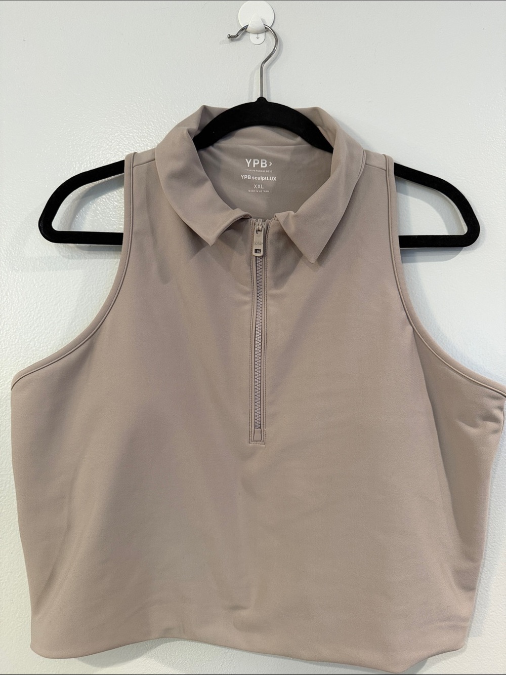 Abercrombie:YPB SculptLux Taupe Zip-Front Sleeveless Tank